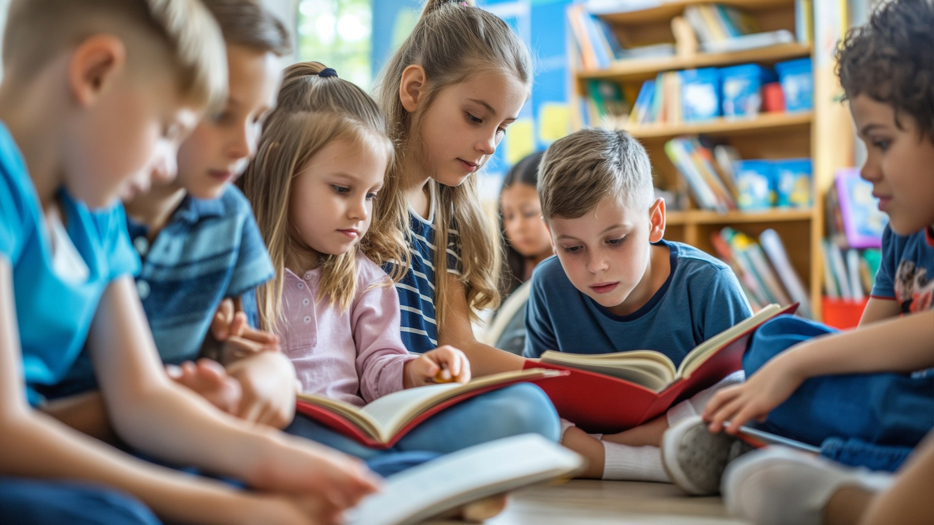 Grundschulkinder sitzen gemeinsam im Klassenraum und lesen aufmerksam in Büchern